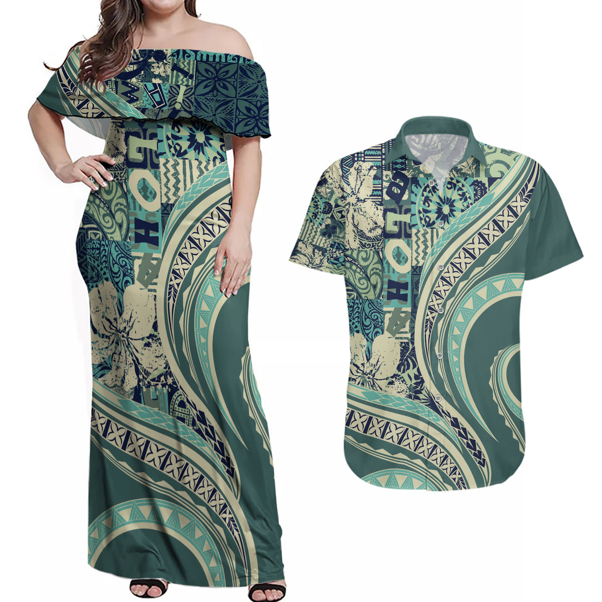 Hawaiian Hibiscus Tribal Vintage Motif Couples Matching Off Shoulder Maxi Dress and Hawaiian Shirt Ver 1 LT9 Sea Green - Polynesian Pride