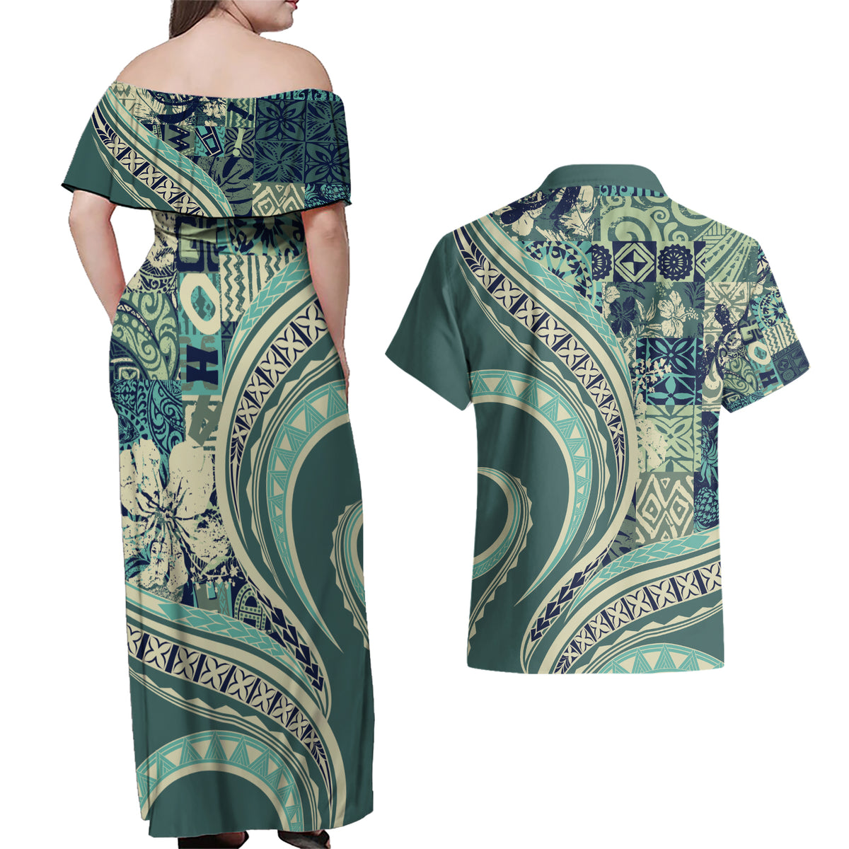 Hawaiian Hibiscus Tribal Vintage Motif Couples Matching Off Shoulder Maxi Dress and Hawaiian Shirt Ver 1 LT9 - Polynesian Pride