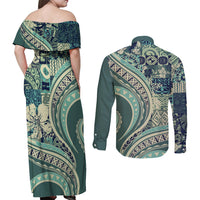 Hawaiian Hibiscus Tribal Vintage Motif Couples Matching Off Shoulder Maxi Dress and Long Sleeve Button Shirt Ver 1