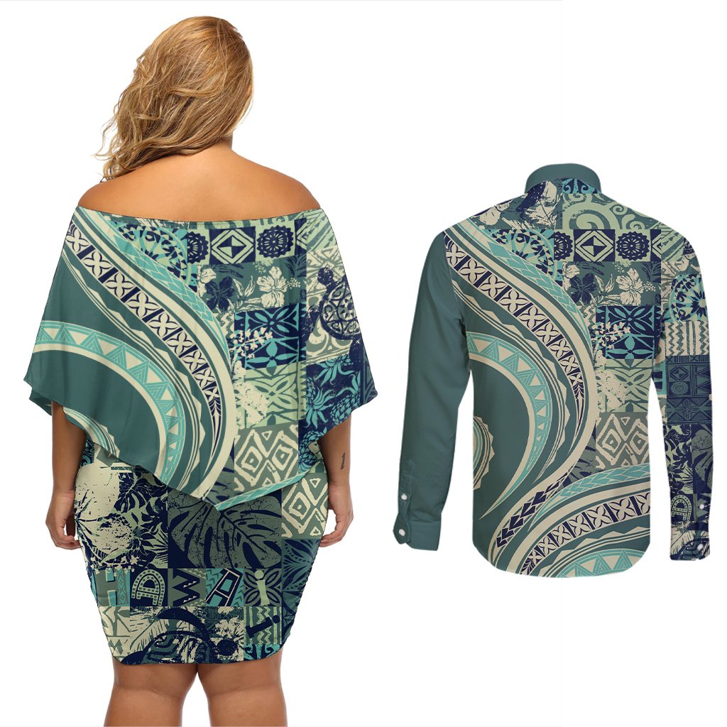 Hawaiian Hibiscus Tribal Vintage Motif Couples Matching Off Shoulder Short Dress and Long Sleeve Button Shirt Ver 1