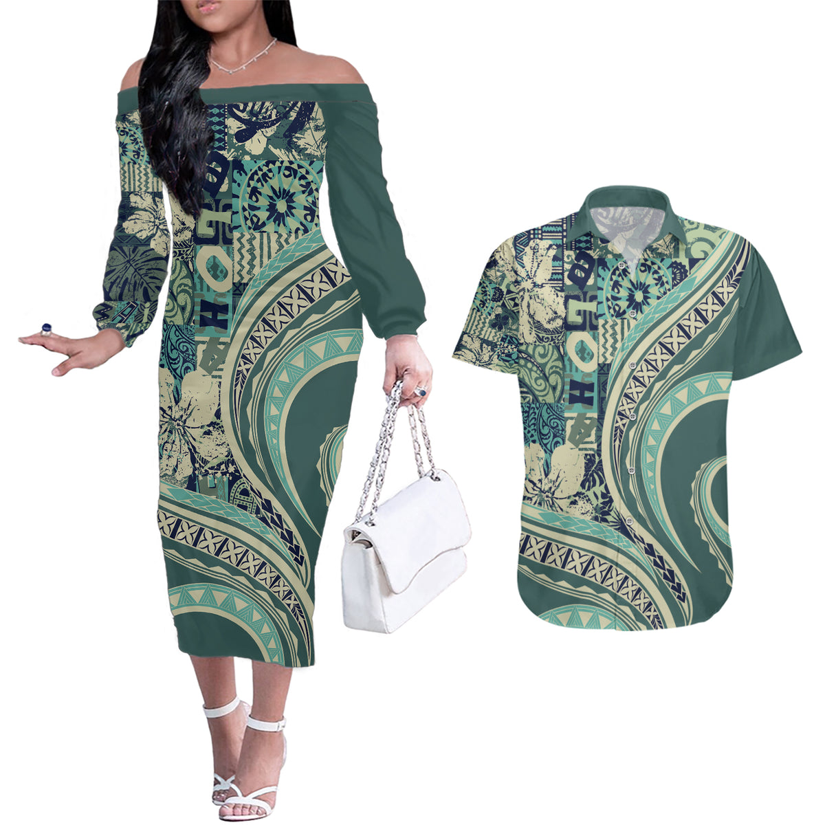 Hawaiian Hibiscus Tribal Vintage Motif Couples Matching Off The Shoulder Long Sleeve Dress and Hawaiian Shirt Ver 1 LT9 Sea Green - Polynesian Pride