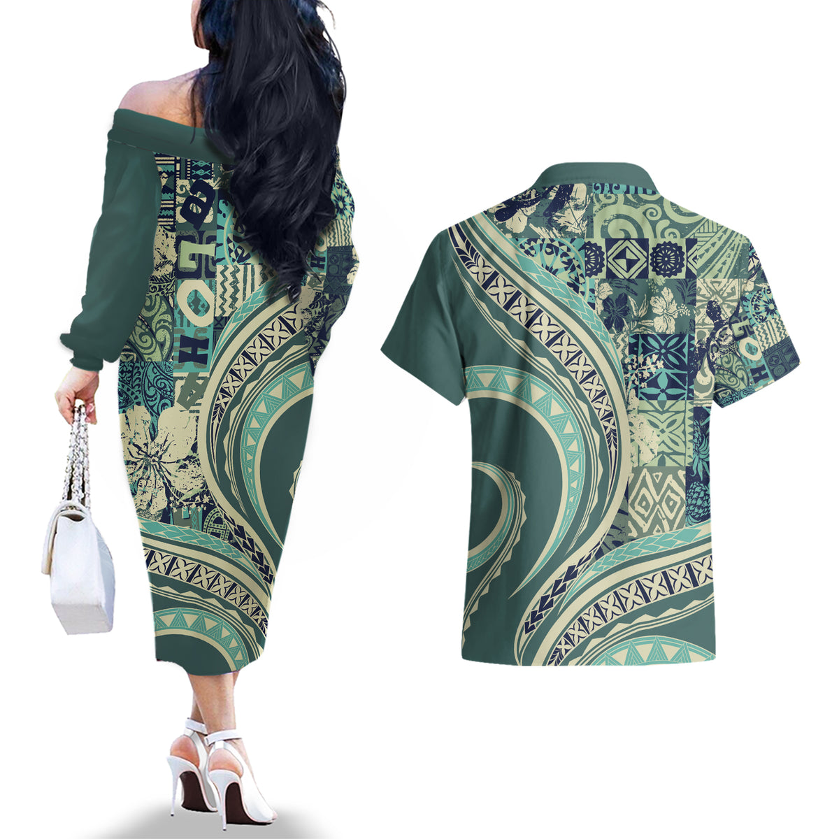 Hawaiian Hibiscus Tribal Vintage Motif Couples Matching Off The Shoulder Long Sleeve Dress and Hawaiian Shirt Ver 1 LT9 - Polynesian Pride