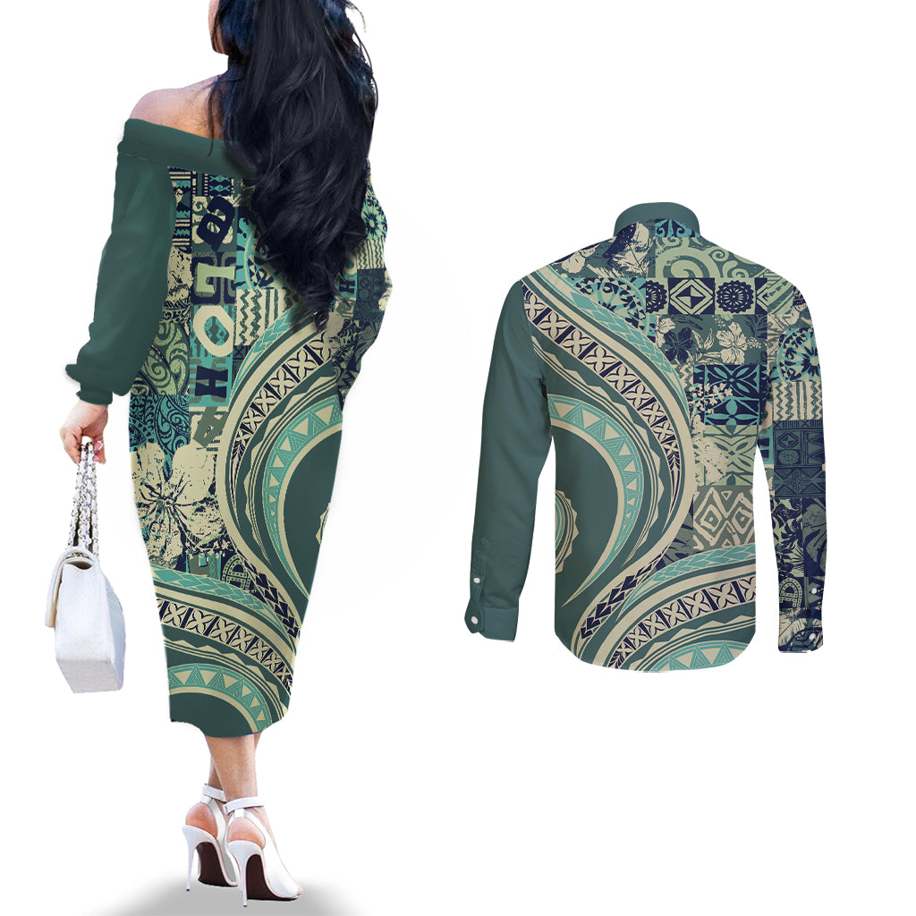 Hawaiian Hibiscus Tribal Vintage Motif Couples Matching Off The Shoulder Long Sleeve Dress and Long Sleeve Button Shirt Ver 1 LT9 - Polynesian Pride