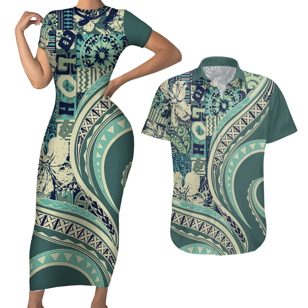 Hawaiian Hibiscus Tribal Vintage Motif Couples Matching Short Sleeve Bodycon Dress and Hawaiian Shirt Ver 1 LT9 Sea Green - Polynesian Pride
