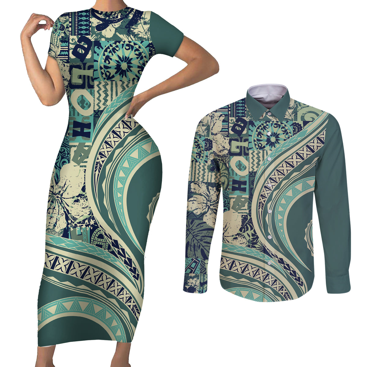 Hawaiian Hibiscus Tribal Vintage Motif Couples Matching Short Sleeve Bodycon Dress and Long Sleeve Button Shirt Ver 1 LT9 Sea Green - Polynesian Pride