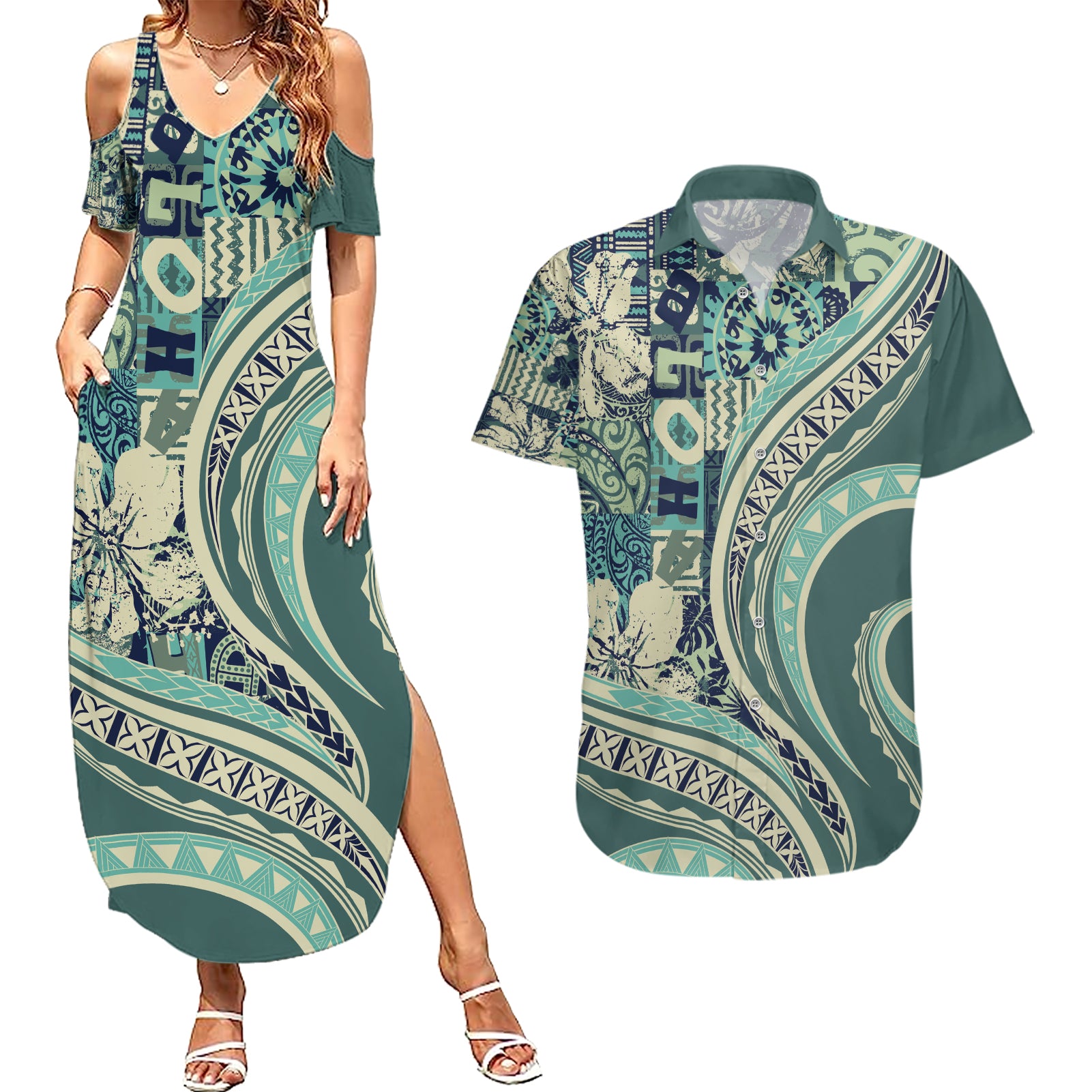 Hawaiian Hibiscus Tribal Vintage Motif Couples Matching Summer Maxi Dress and Hawaiian Shirt Ver 1