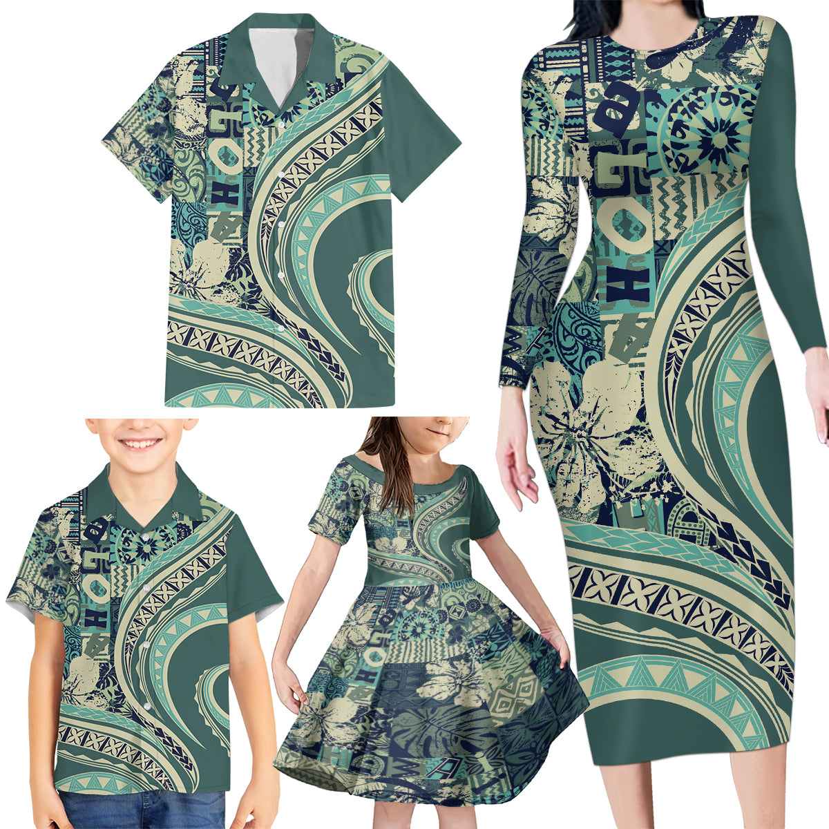 Hawaiian Hibiscus Tribal Vintage Motif Family Matching Long Sleeve Bodycon Dress and Hawaiian Shirt Ver 1 LT9 - Polynesian Pride