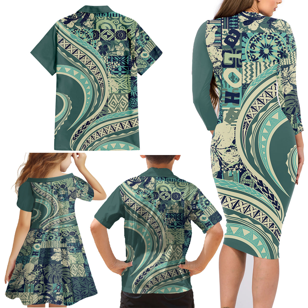 Hawaiian Hibiscus Tribal Vintage Motif Family Matching Long Sleeve Bodycon Dress and Hawaiian Shirt Ver 1 LT9 - Polynesian Pride