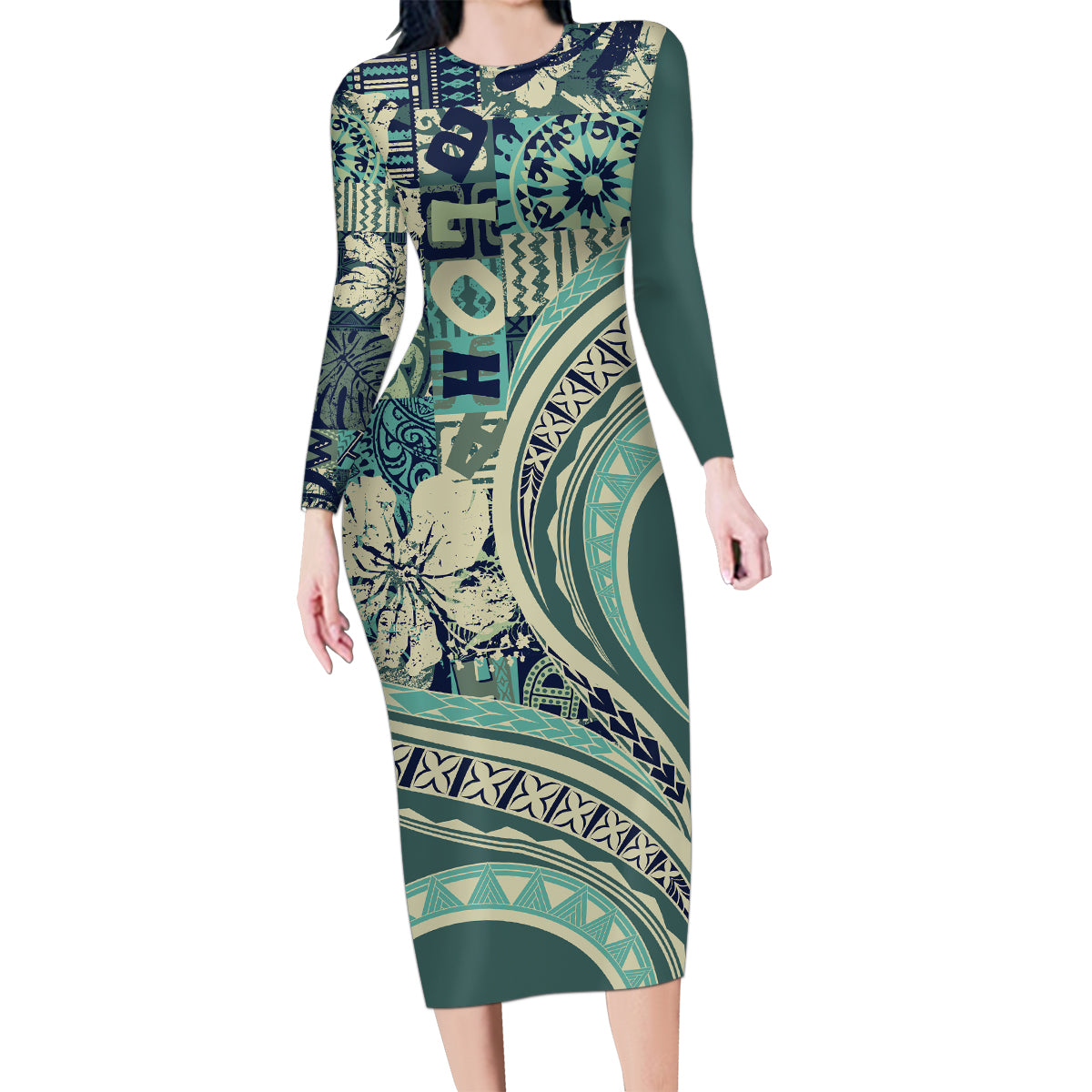 Hawaiian Hibiscus Tribal Vintage Motif Family Matching Long Sleeve Bodycon Dress and Hawaiian Shirt Ver 1 LT9 Mom's Dress Sea Green - Polynesian Pride