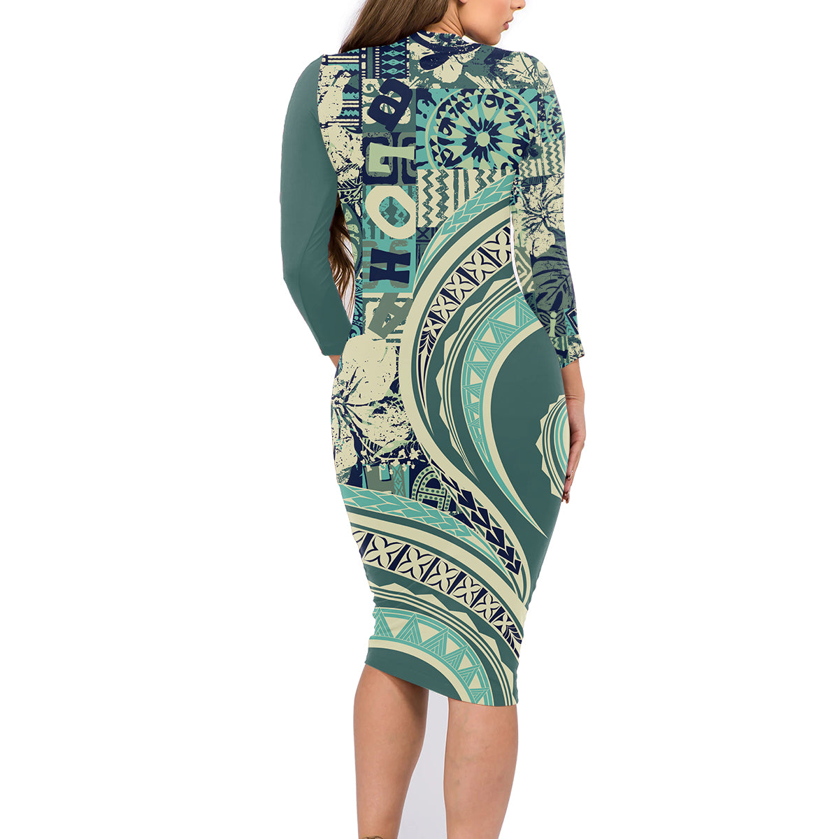 Hawaiian Hibiscus Tribal Vintage Motif Family Matching Long Sleeve Bodycon Dress and Hawaiian Shirt Ver 1 LT9 - Polynesian Pride