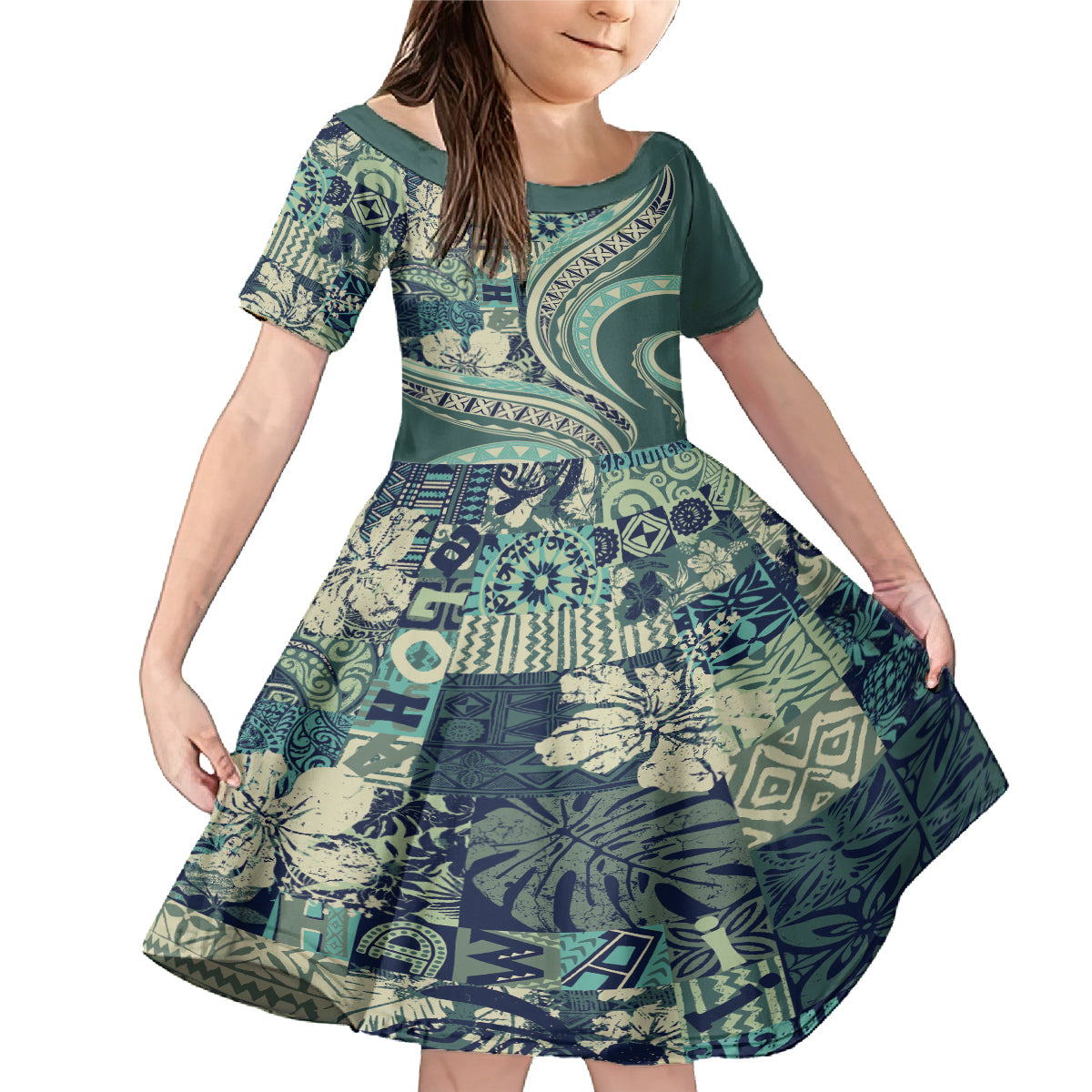 Hawaiian Hibiscus Tribal Vintage Motif Family Matching Mermaid Dress and Hawaiian Shirt Ver 1 LT9 Daughter's Dress Sea Green - Polynesian Pride
