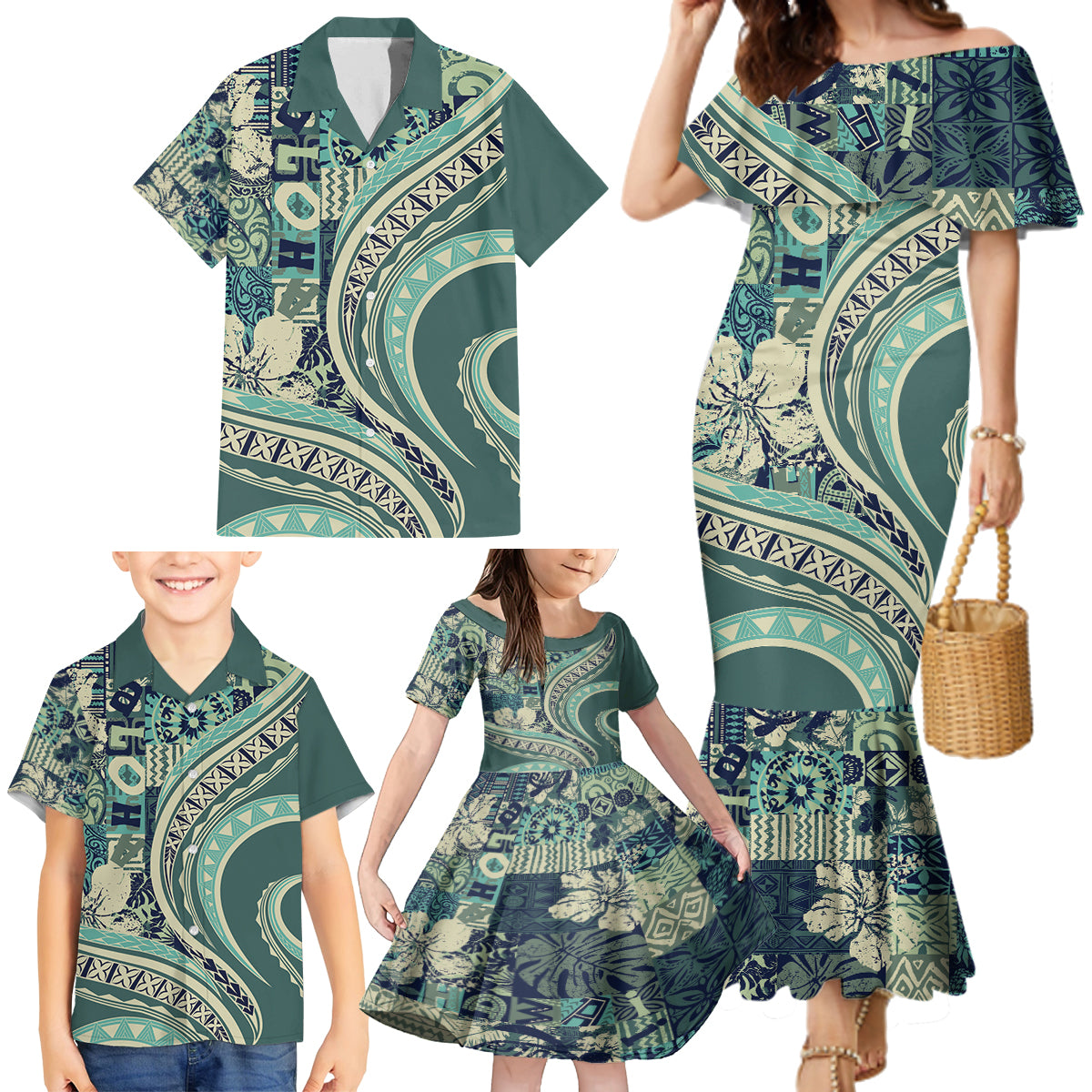 Hawaiian Hibiscus Tribal Vintage Motif Family Matching Mermaid Dress and Hawaiian Shirt Ver 1 LT9 - Polynesian Pride
