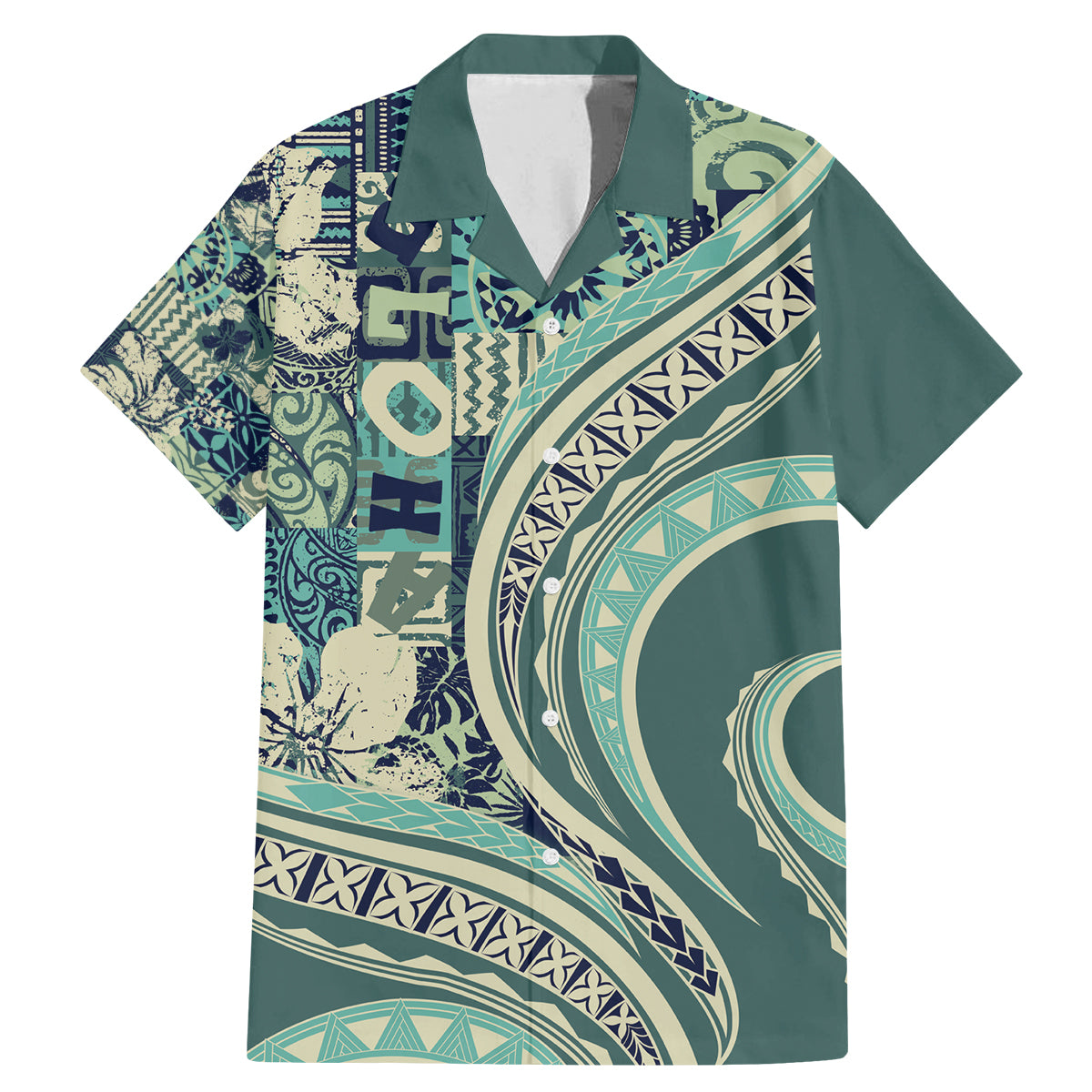 Hawaiian Hibiscus Tribal Vintage Motif Family Matching Mermaid Dress and Hawaiian Shirt Ver 1 LT9 Dad's Shirt - Short Sleeve Sea Green - Polynesian Pride
