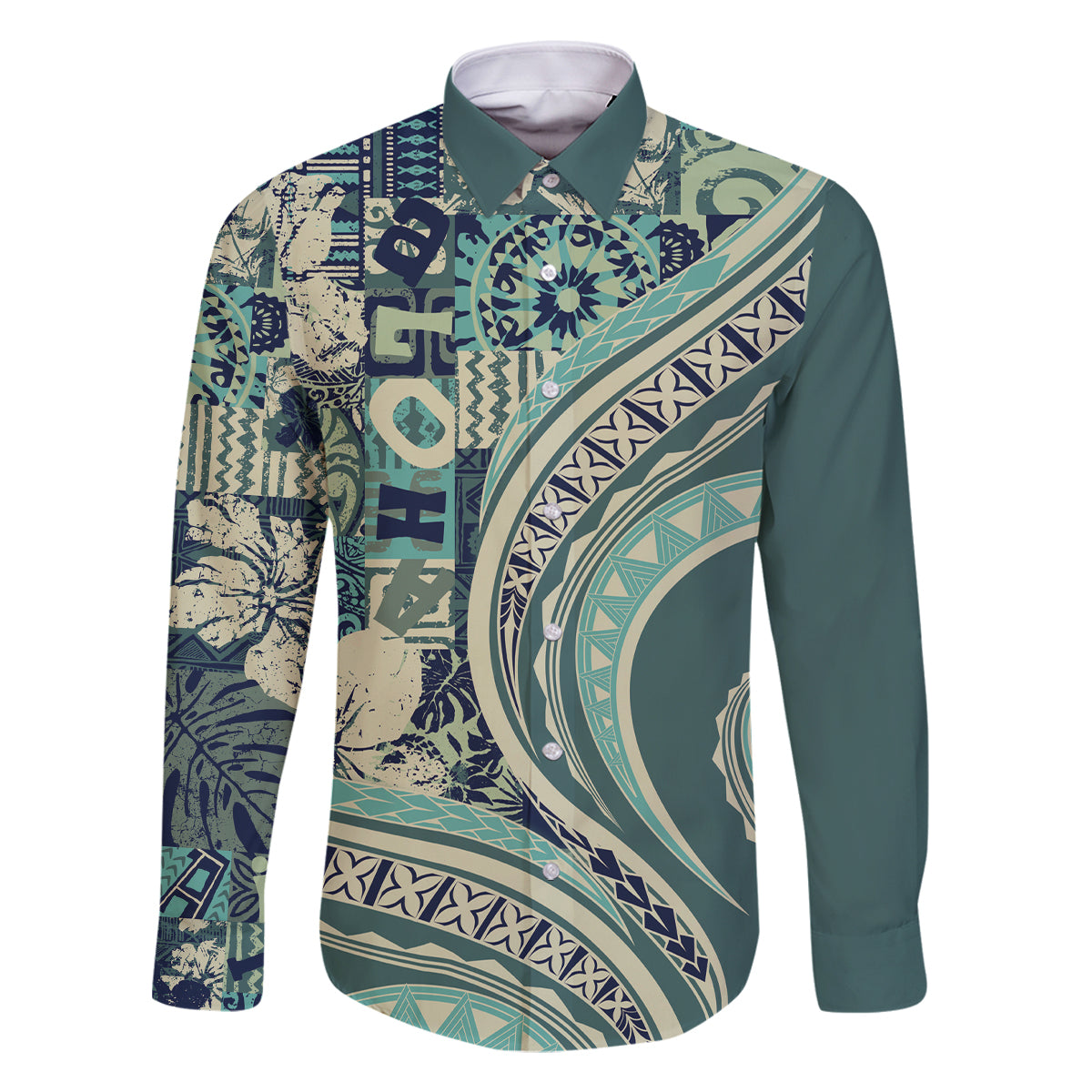 Hawaiian Hibiscus Tribal Vintage Motif Family Matching Mermaid Dress and Hawaiian Shirt Ver 1 LT9 Dad's Shirt - Long Sleeve Sea Green - Polynesian Pride