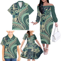Hawaiian Hibiscus Tribal Vintage Motif Family Matching Off The Shoulder Long Sleeve Dress and Hawaiian Shirt Ver 1 LT9 - Polynesian Pride