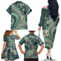 Hawaiian Hibiscus Tribal Vintage Motif Family Matching Off The Shoulder Long Sleeve Dress and Hawaiian Shirt Ver 1 LT9 - Polynesian Pride