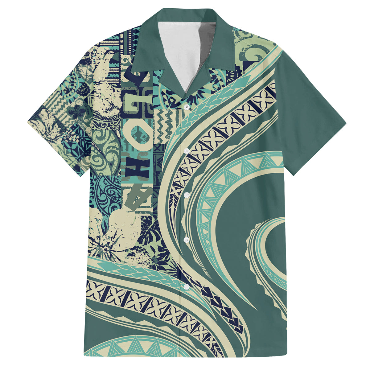 Hawaiian Hibiscus Tribal Vintage Motif Family Matching Off The Shoulder Long Sleeve Dress and Hawaiian Shirt Ver 1 LT9 Dad's Shirt - Short Sleeve Sea Green - Polynesian Pride