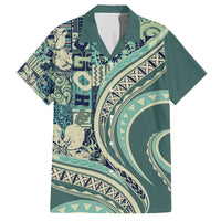 Hawaiian Hibiscus Tribal Vintage Motif Family Matching Off The Shoulder Long Sleeve Dress and Hawaiian Shirt Ver 1 LT9 Dad's Shirt - Short Sleeve Sea Green - Polynesian Pride