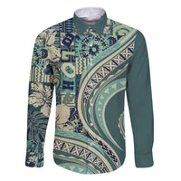 Hawaiian Hibiscus Tribal Vintage Motif Family Matching Off The Shoulder Long Sleeve Dress and Hawaiian Shirt Ver 1 LT9 Dad's Shirt - Long Sleeve Sea Green - Polynesian Pride