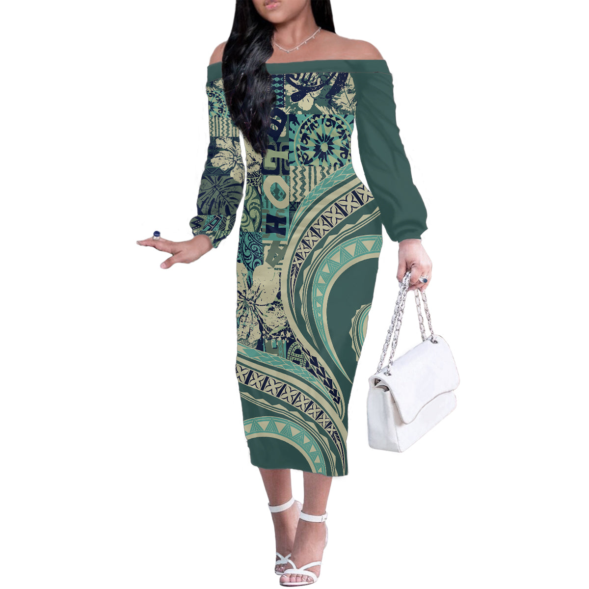 Hawaiian Hibiscus Tribal Vintage Motif Family Matching Off The Shoulder Long Sleeve Dress and Hawaiian Shirt Ver 1 LT9 Mom's Dress Sea Green - Polynesian Pride