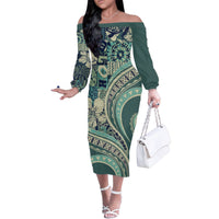 Hawaiian Hibiscus Tribal Vintage Motif Family Matching Off The Shoulder Long Sleeve Dress and Hawaiian Shirt Ver 1 LT9 Mom's Dress Sea Green - Polynesian Pride