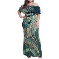 Hawaiian Hibiscus Tribal Vintage Motif Family Matching Off Shoulder Maxi Dress and Hawaiian Shirt Ver 1 LT9 Mom's Dress Sea Green - Polynesian Pride