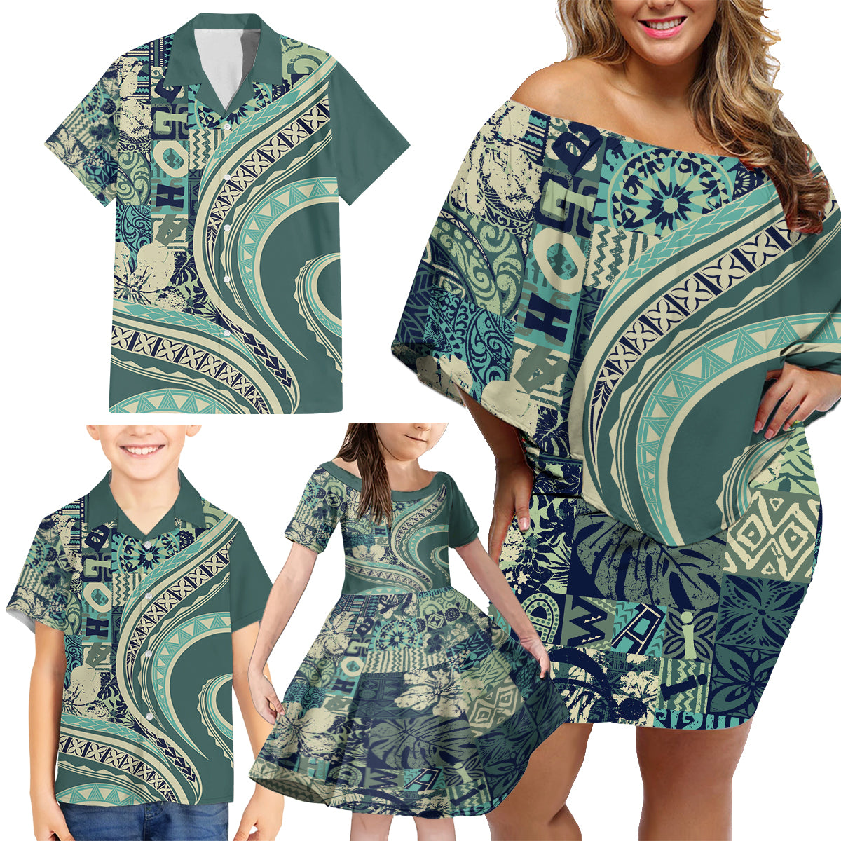 Hawaiian Hibiscus Tribal Vintage Motif Family Matching Off Shoulder Short Dress and Hawaiian Shirt Ver 1 LT9 - Polynesian Pride