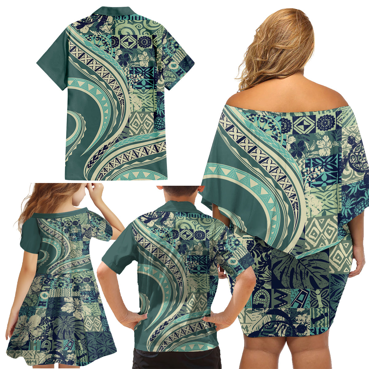Hawaiian Hibiscus Tribal Vintage Motif Family Matching Off Shoulder Short Dress and Hawaiian Shirt Ver 1 LT9 - Polynesian Pride