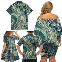 Hawaiian Hibiscus Tribal Vintage Motif Family Matching Off Shoulder Short Dress and Hawaiian Shirt Ver 1 LT9 - Polynesian Pride