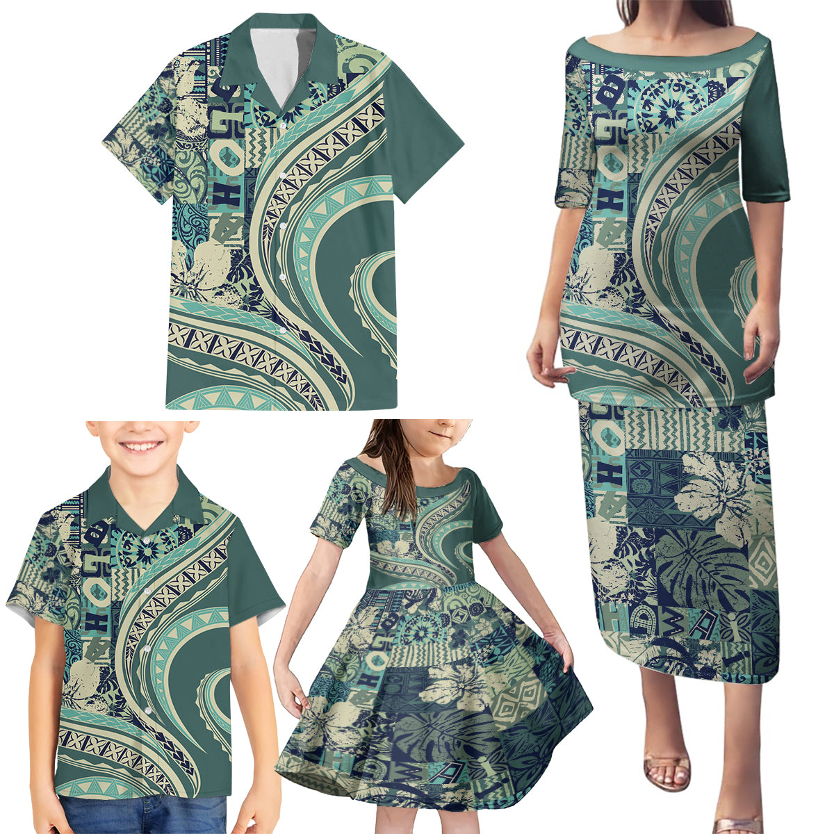 Hawaiian Hibiscus Tribal Vintage Motif Family Matching Puletasi and Hawaiian Shirt Ver 1 LT9 - Polynesian Pride