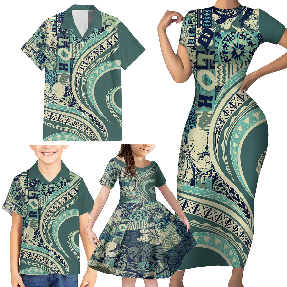 Hawaiian Hibiscus Tribal Vintage Motif Family Matching Short Sleeve Bodycon Dress and Hawaiian Shirt Ver 1 LT9 - Polynesian Pride