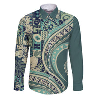 Hawaiian Hibiscus Tribal Vintage Motif Family Matching Short Sleeve Bodycon Dress and Hawaiian Shirt Ver 1 LT9 Dad's Shirt - Long Sleeve Sea Green - Polynesian Pride