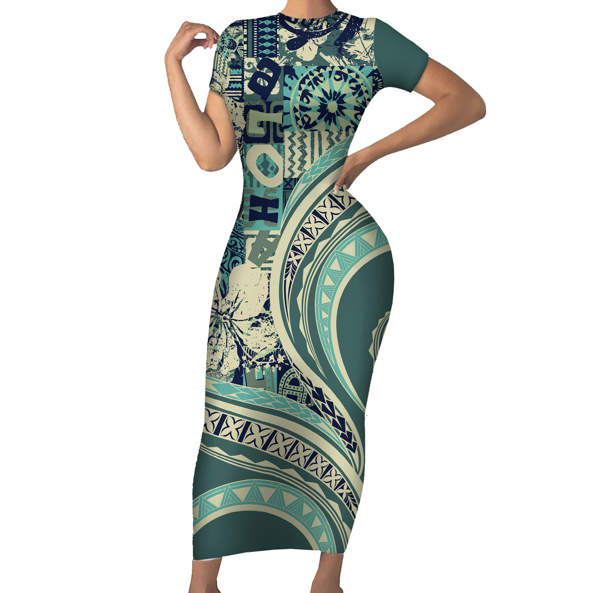 Hawaiian Hibiscus Tribal Vintage Motif Family Matching Short Sleeve Bodycon Dress and Hawaiian Shirt Ver 1 LT9 Mom's Dress Sea Green - Polynesian Pride