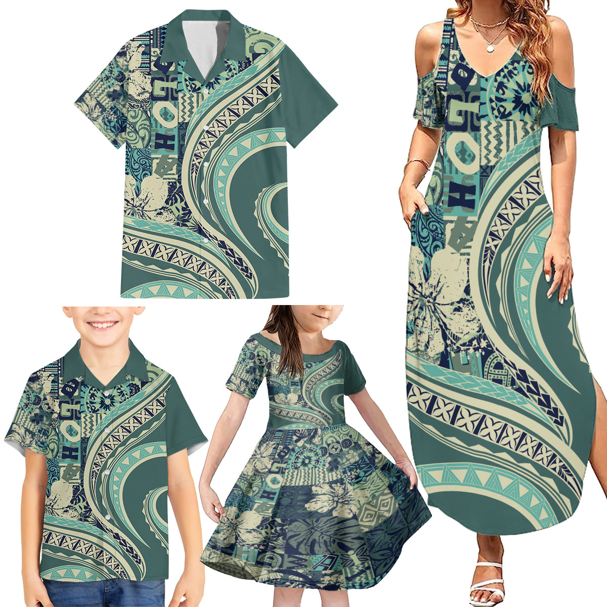Hawaiian Hibiscus Tribal Vintage Motif Family Matching Summer Maxi Dress and Hawaiian Shirt Ver 1 LT9 - Polynesian Pride