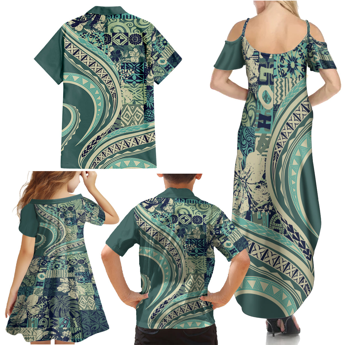Hawaiian Hibiscus Tribal Vintage Motif Family Matching Summer Maxi Dress and Hawaiian Shirt Ver 1 LT9 - Polynesian Pride