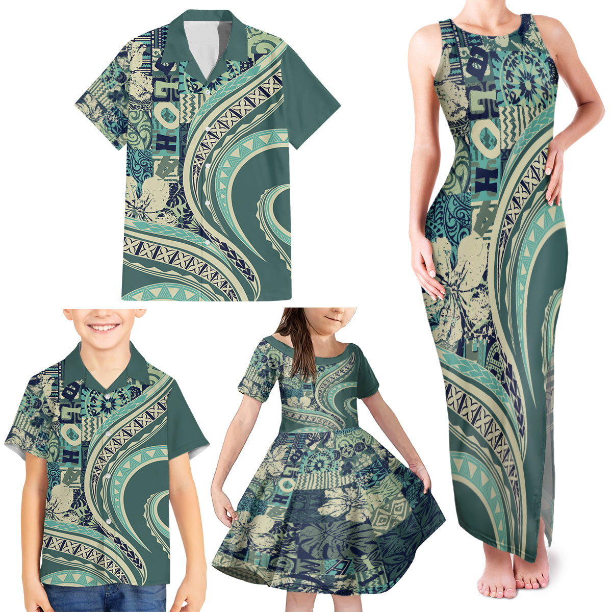 Hawaiian Hibiscus Tribal Vintage Motif Family Matching Tank Maxi Dress and Hawaiian Shirt Ver 1 LT9 - Polynesian Pride