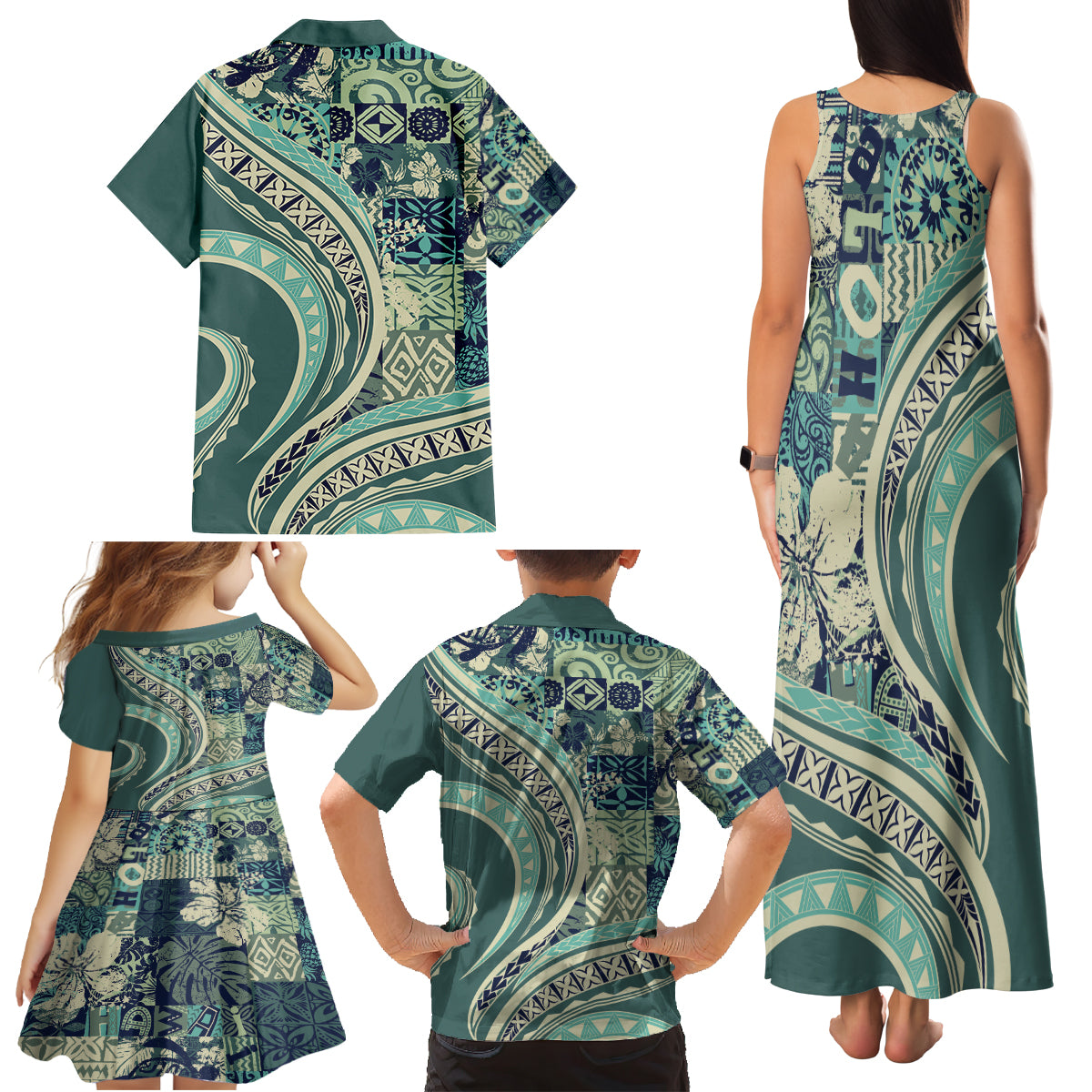 Hawaiian Hibiscus Tribal Vintage Motif Family Matching Tank Maxi Dress and Hawaiian Shirt Ver 1 LT9 - Polynesian Pride