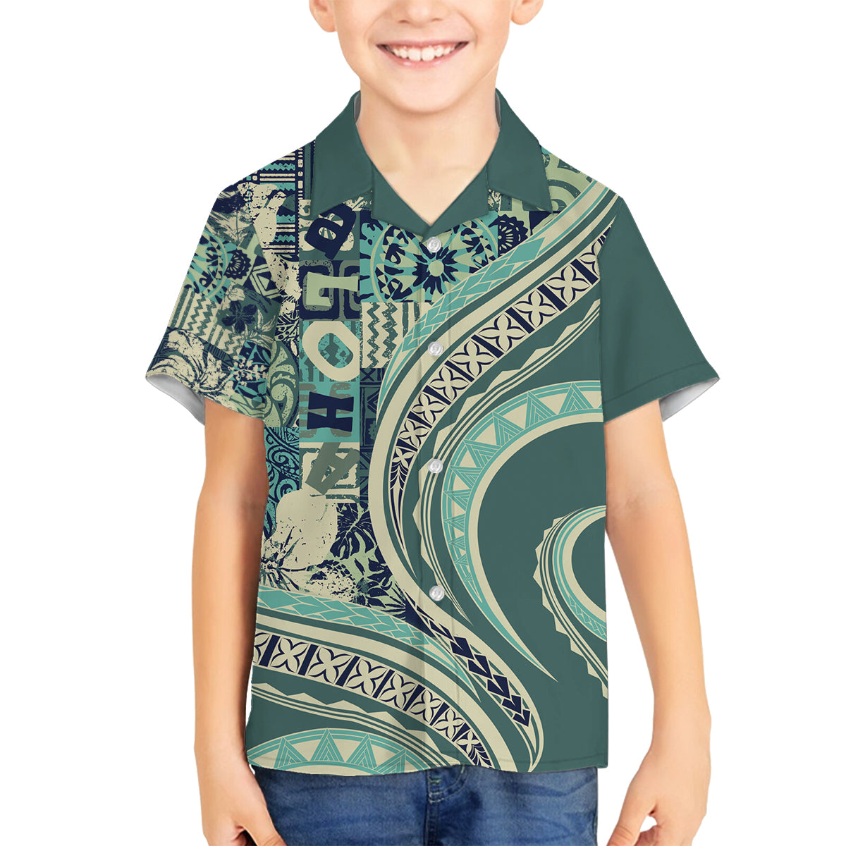 Hawaiian Hibiscus Tribal Vintage Motif Family Matching Tank Maxi Dress and Hawaiian Shirt Ver 1 LT9 Son's Shirt Sea Green - Polynesian Pride