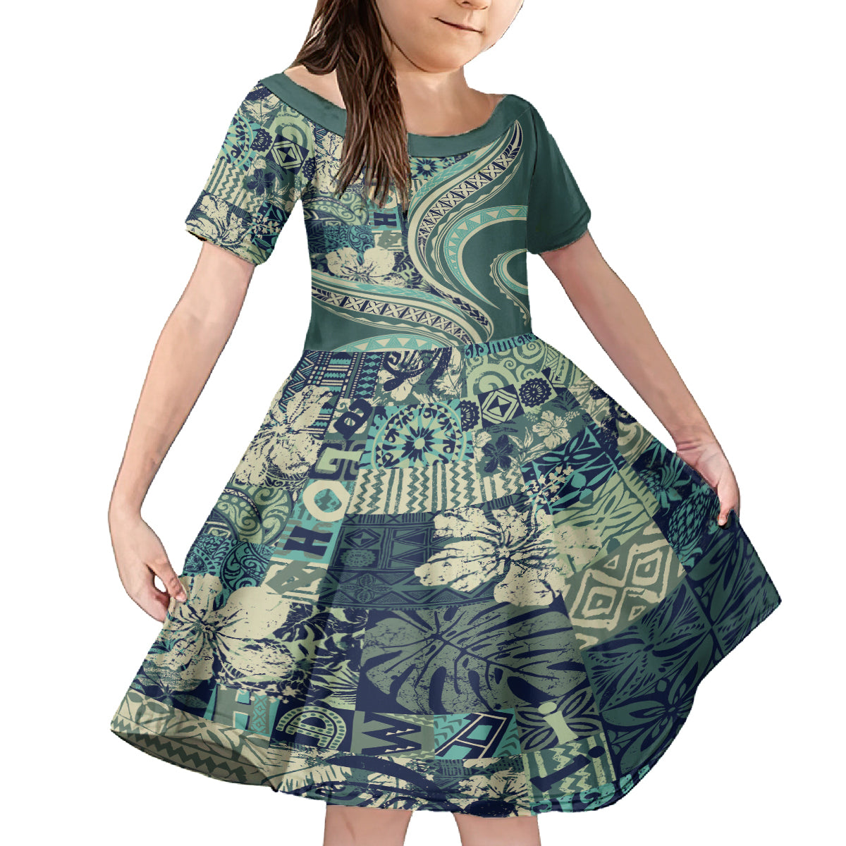 Hawaiian Hibiscus Tribal Vintage Motif Kid Short Sleeve Dress Ver 1