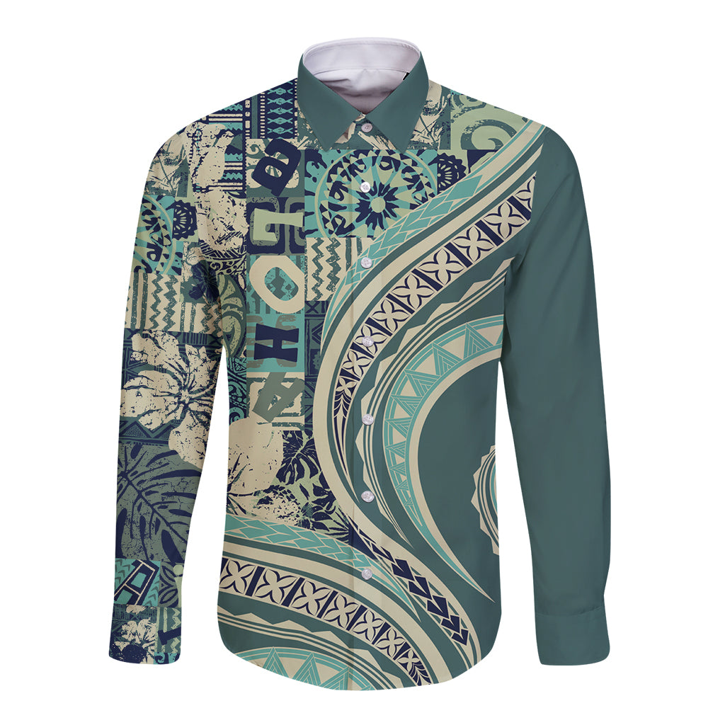 Hawaiian Hibiscus Tribal Vintage Motif Long Sleeve Button Shirt Ver 1 LT9 Unisex Sea Green - Polynesian Pride