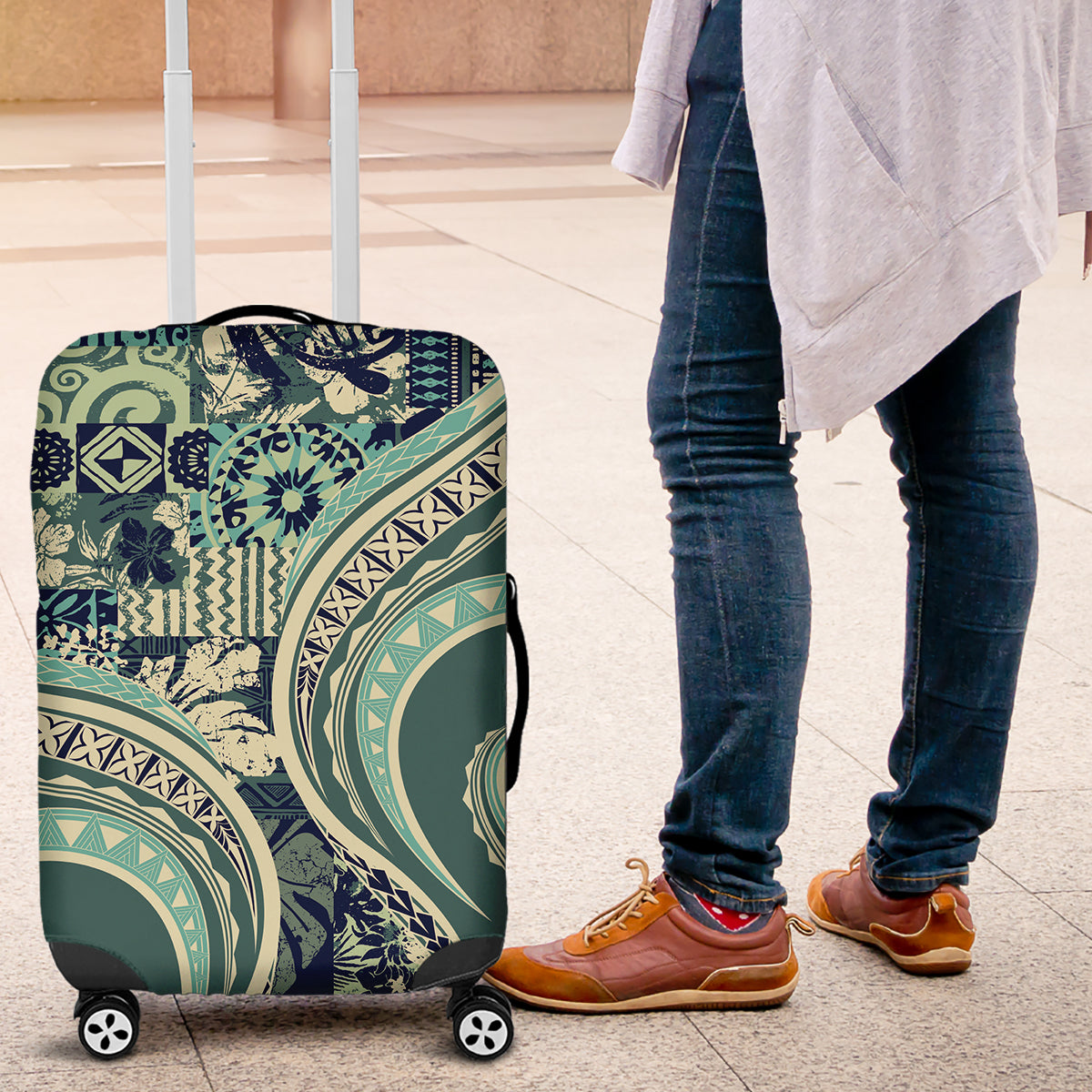Hawaiian Hibiscus Tribal Vintage Motif Luggage Cover Ver 1 LT9 Sea Green - Polynesian Pride