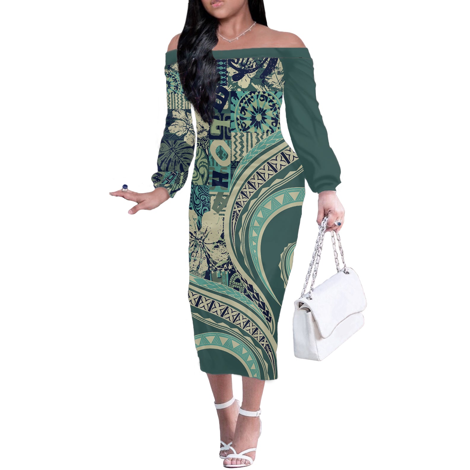 Hawaiian Hibiscus Tribal Vintage Motif Off The Shoulder Long Sleeve Dress Ver 1 LT9 Women Sea Green - Polynesian Pride