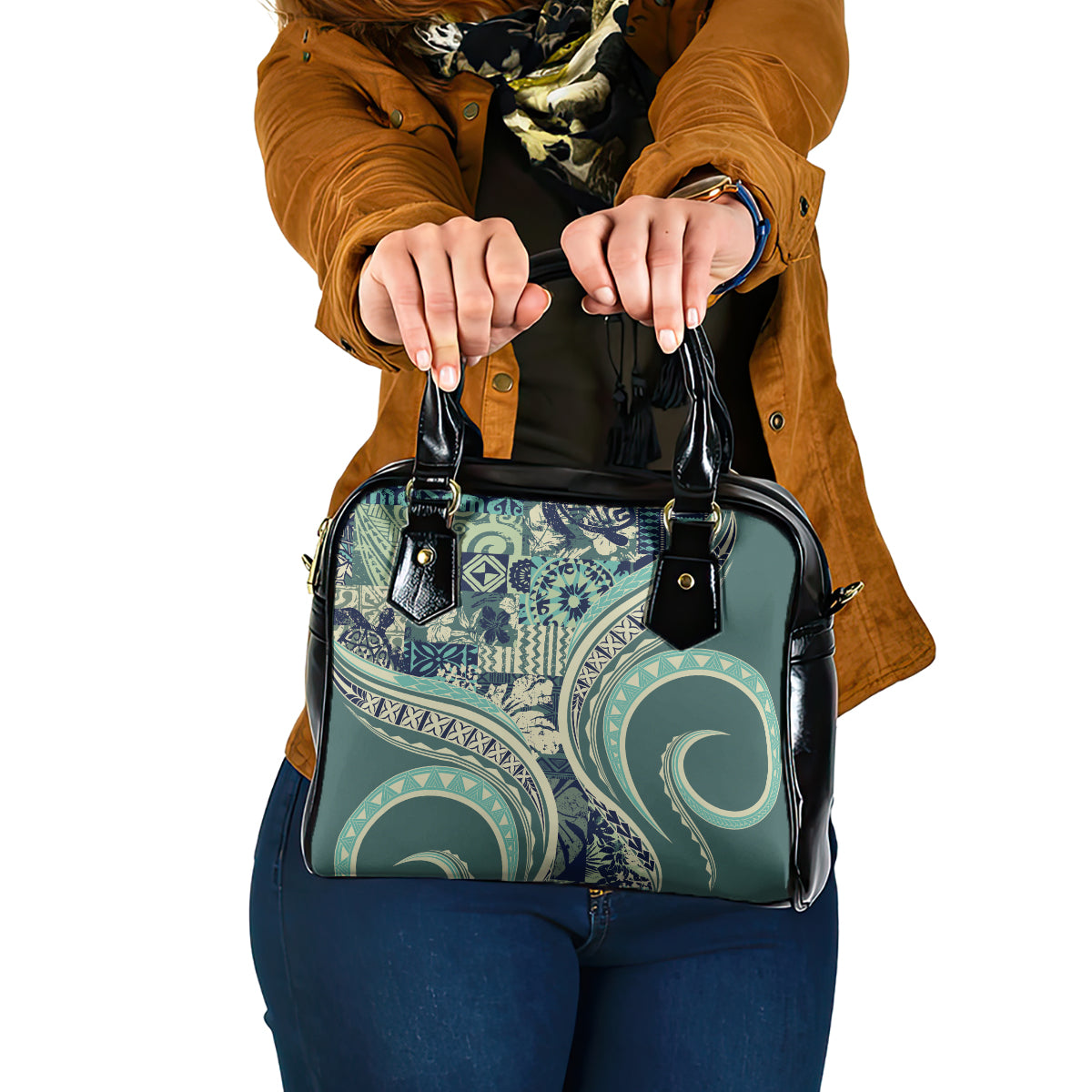 Hawaiian Hibiscus Tribal Vintage Motif Shoulder Handbag Ver 1 LT9 One Size Sea Green - Polynesian Pride