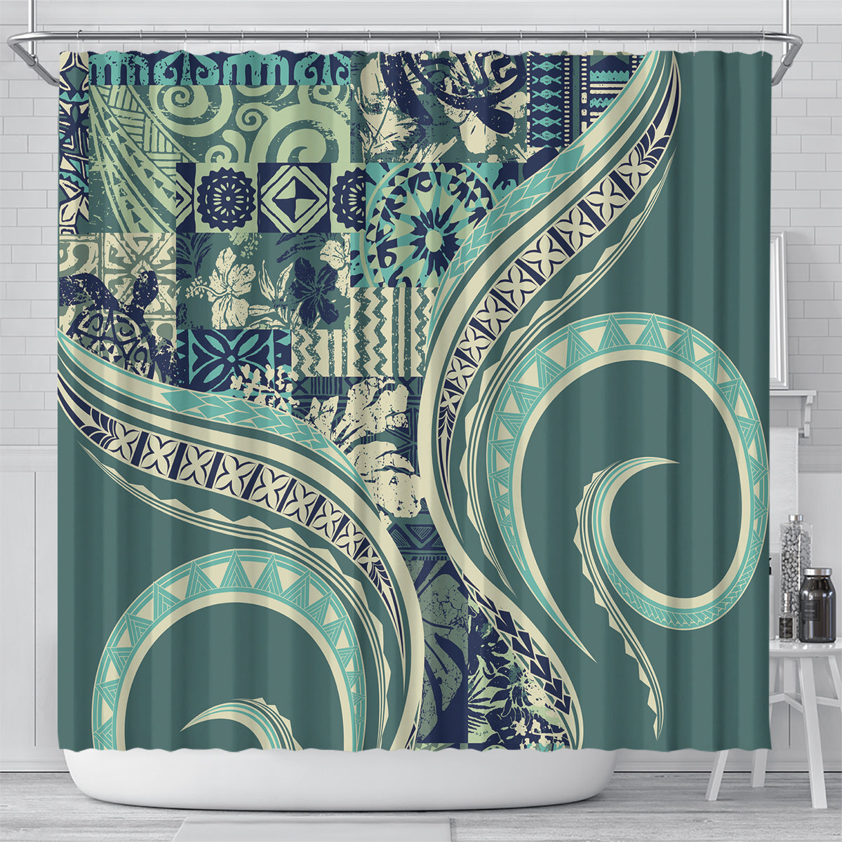 Hawaiian Hibiscus Tribal Vintage Motif Shower Curtain Ver 1 LT9 - Polynesian Pride