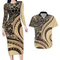 Hawaiian Hibiscus Tribal Vintage Motif Couples Matching Long Sleeve Bodycon Dress and Hawaiian Shirt Ver 2 LT9 Beige - Polynesian Pride