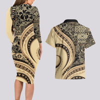 Hawaiian Hibiscus Tribal Vintage Motif Couples Matching Long Sleeve Bodycon Dress and Hawaiian Shirt Ver 2 LT9 - Polynesian Pride