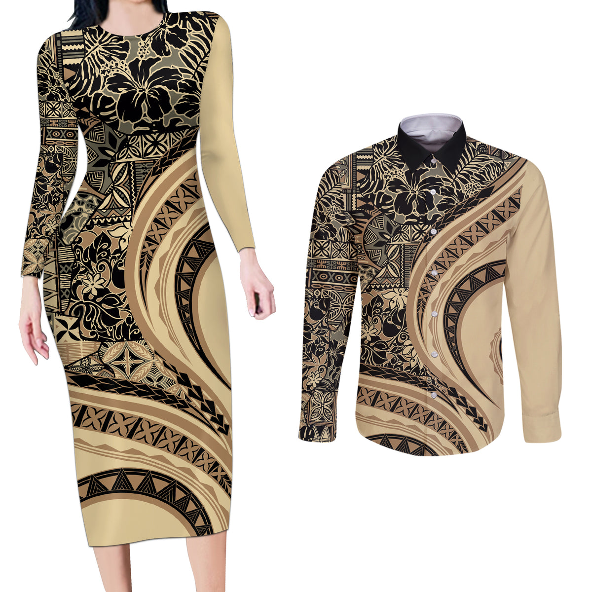 Hawaiian Hibiscus Tribal Vintage Motif Couples Matching Long Sleeve Bodycon Dress and Long Sleeve Button Shirt Ver 2 LT9 Beige - Polynesian Pride