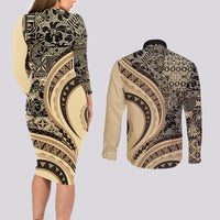 Hawaiian Hibiscus Tribal Vintage Motif Couples Matching Long Sleeve Bodycon Dress and Long Sleeve Button Shirt Ver 2 LT9 - Polynesian Pride
