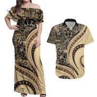 Hawaiian Hibiscus Tribal Vintage Motif Couples Matching Off Shoulder Maxi Dress and Hawaiian Shirt Ver 2 LT9 Beige - Polynesian Pride