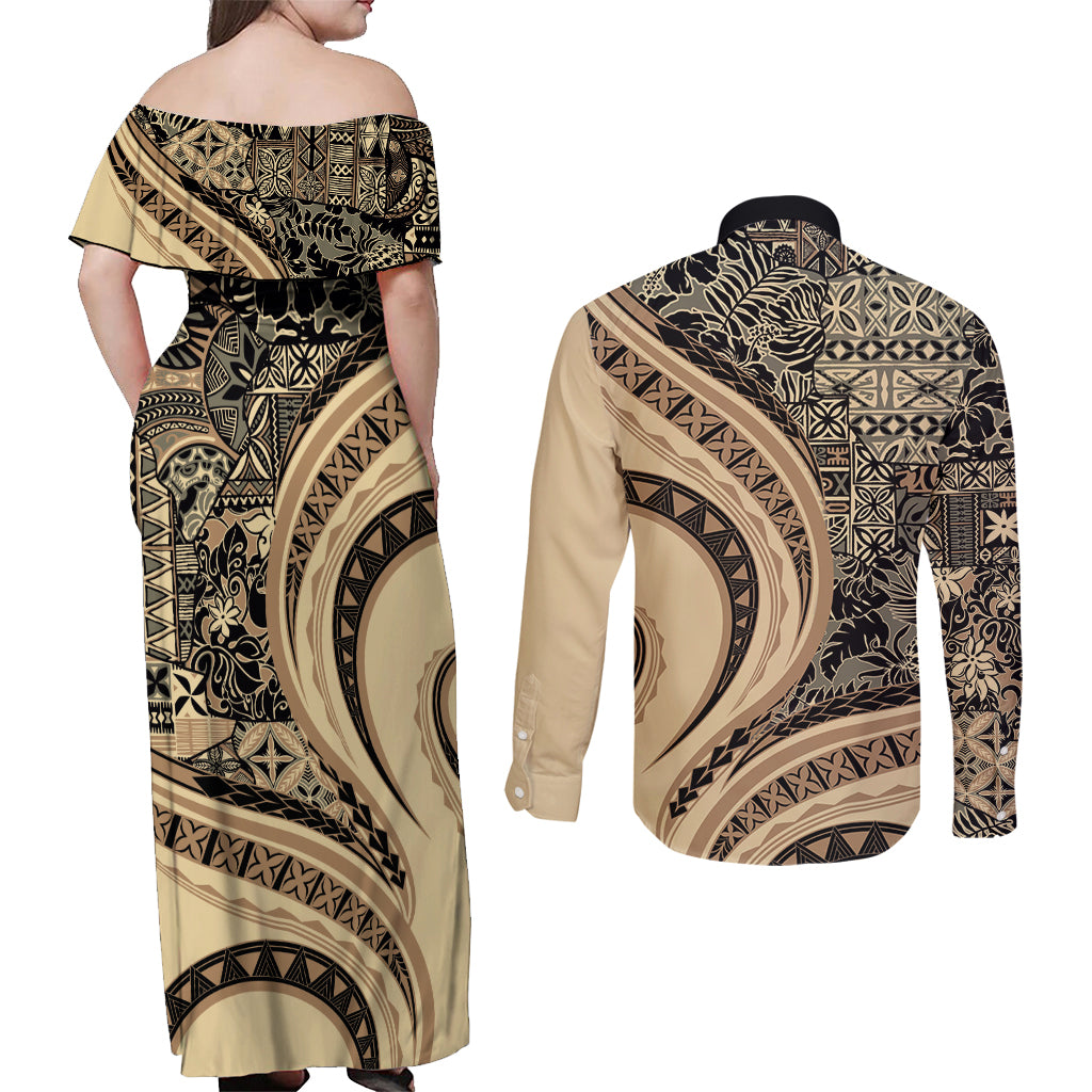 Hawaiian Hibiscus Tribal Vintage Motif Couples Matching Off Shoulder Maxi Dress and Long Sleeve Button Shirt Ver 2